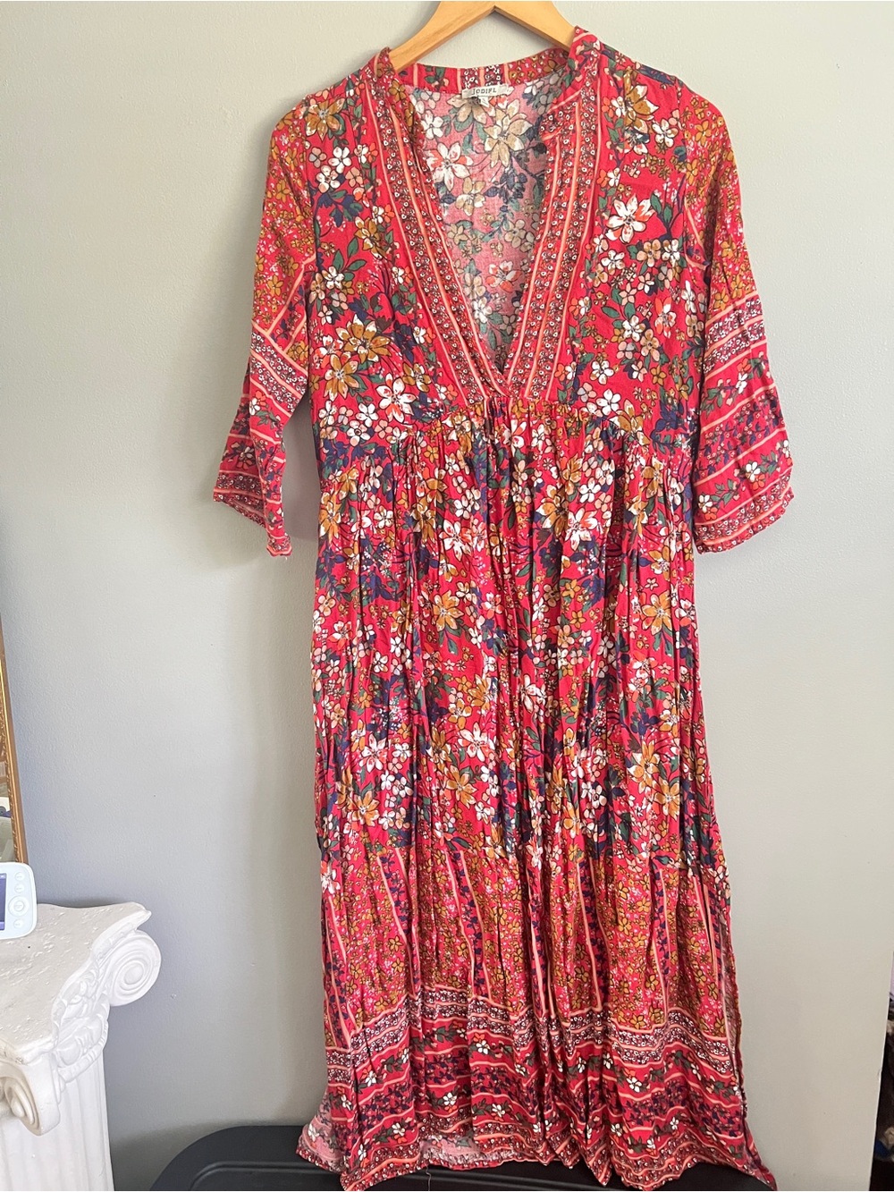 JODIFL Red Floral Tiered Maxi Dress with V-Neck